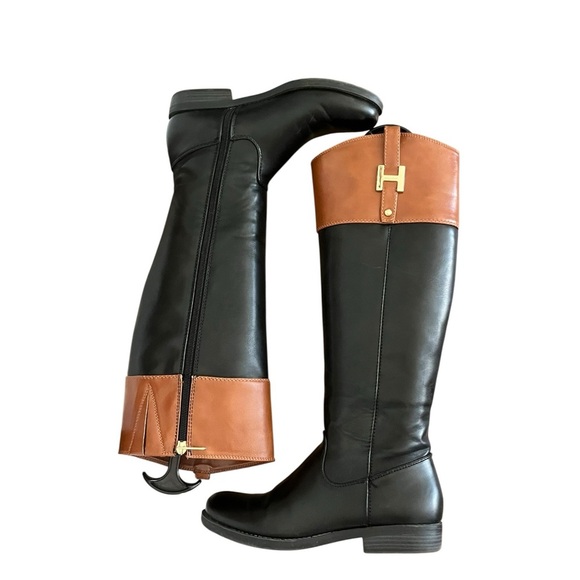 Tommy Hilfiger Shyenne Size 6 Black Tan Color Block Faux Leather Riding Boots - Picture 7 of 11